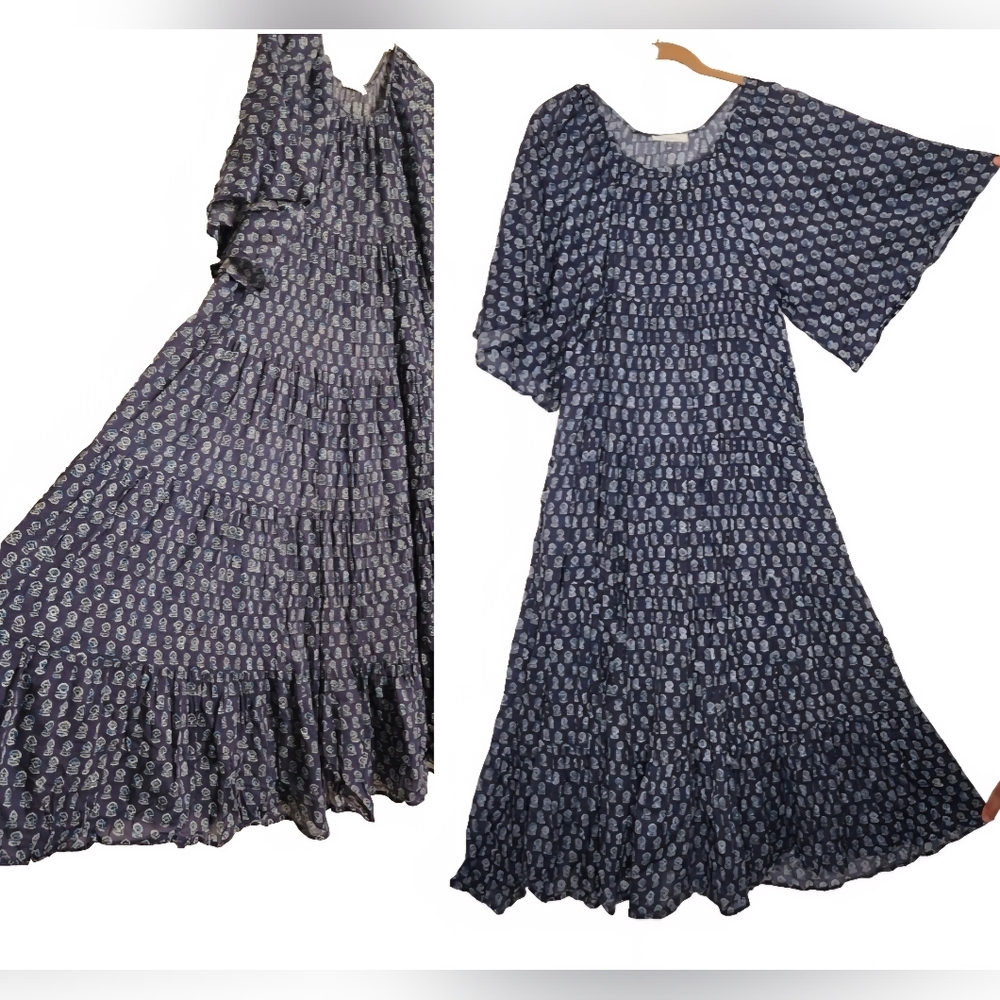 Doen Blue Cotton Floral Maxi Dress w/Cotton Slip Lining Block Print Boho India S